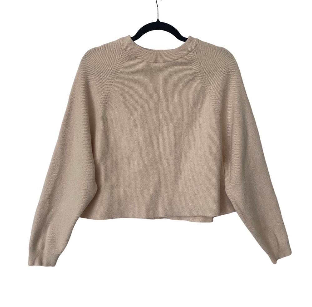 Pull & Bear Beige Cropped Knit Sweater Raglan Sleeve Medium Minimal Boho Casual